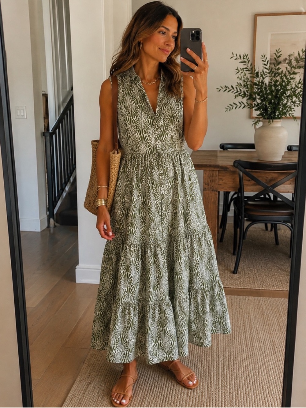 Tahari Olive Green Printed Sleeveless Tiered Maxi Dress
